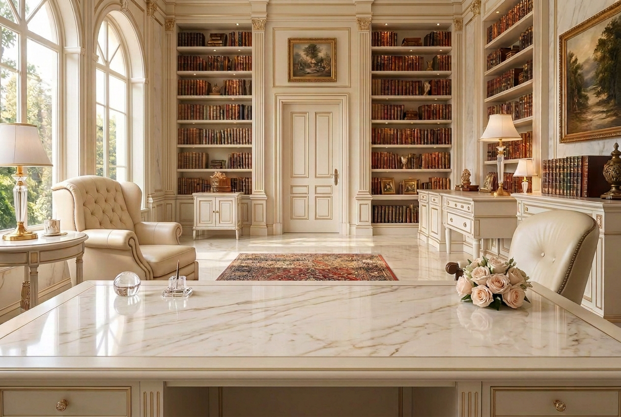 A warm ivory executive library with champagne-gold details and a gold-veined marble desk